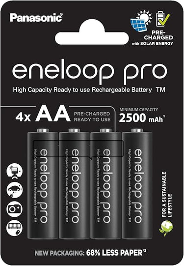 eneloop Pro, Pilas Recargables AA/Mignon, Paquete de 4, Capacidad de mín. 2500 mAh, Pilas Ni-MH, Listas para Usar, Recargables hasta 500 Veces, Embalaje sin plástico, Pro, Negras